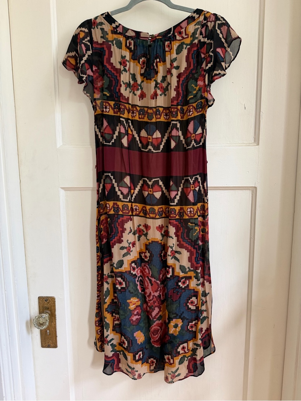 Anthropologie Multicolor Midi Dress with Burgundy, Navy & Mustard Accents